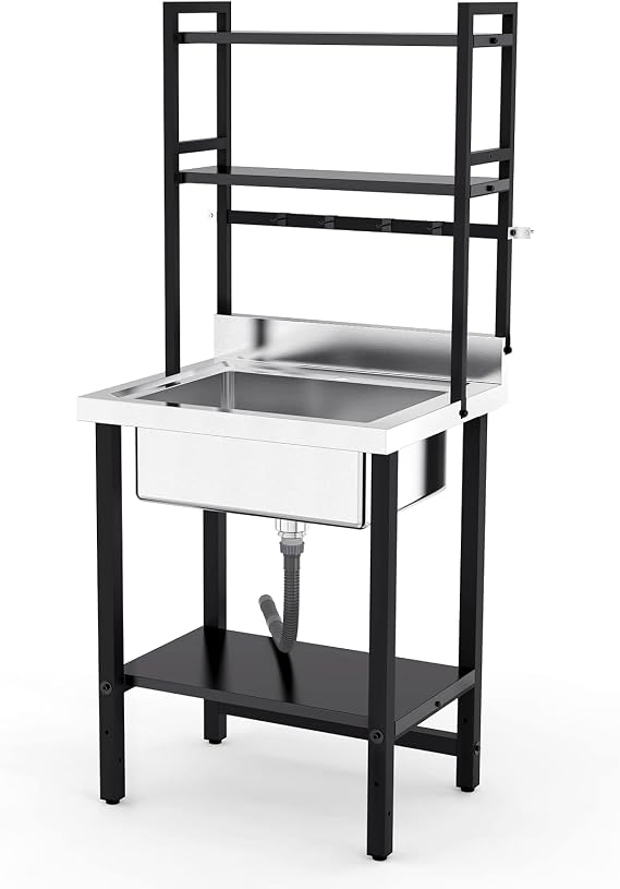 LEADZM Commercial Sink, Stainless Steel Sink with Three-layer Adjustable Shelves and Hanging Rod with Hooks, Freestanding Utility Sink for Restaurant Kitchen Laundry Room Garage Sunroom