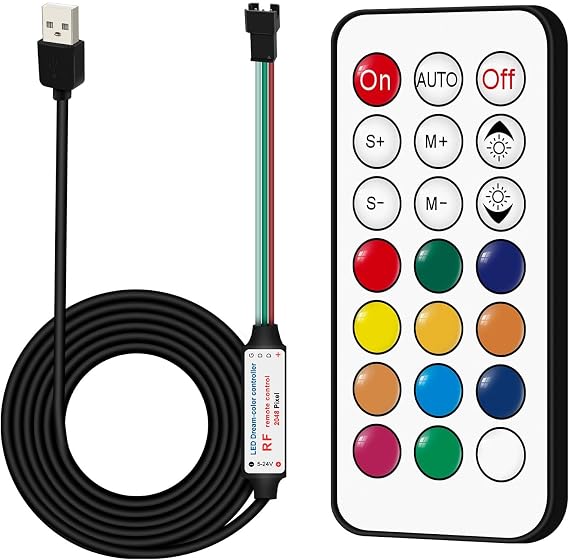 DC 5V USB LED Controller,21-Key RF Wireless Remote Controller,1M/3.3FT 3-PIN LED Controller,for 5V WS2812 WS2811 WS2812B Dream Color LED Strip Lights