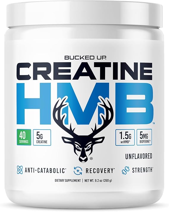 Bucked Up Creatine HMB 40 Servings Unflavored | 5g Creatine Monohydrate with 1.5g myHMB and 5mg BioPerine | Dietary Supplement Powder for Men and Women