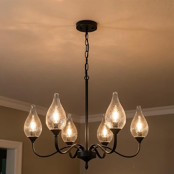 6-Light Farmhouse Black Chandelier 23.6 Inch - Rustic Industrial Iron Candle Hanging with Clear Glass Shades - Dining Room Lighting Fixture for Hallway, Living Room, Foyer, Bedroom,Kitchen Island