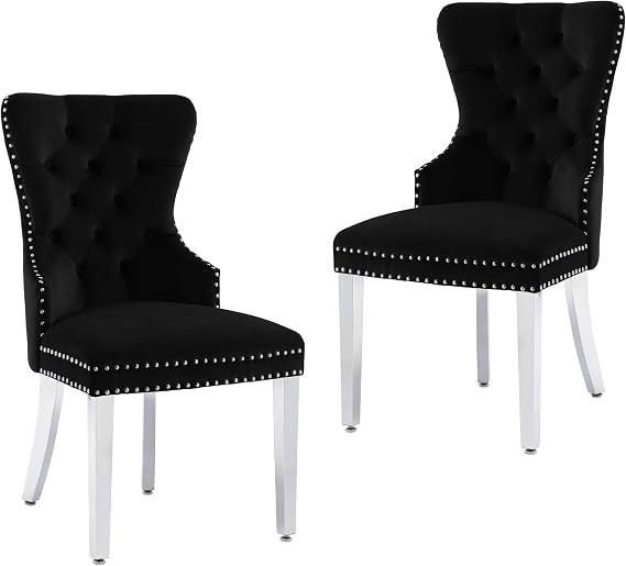 Velvet Dining Chairs Set of 2, Upholstered Tufted Dining Room Chairs with Stainless Steel Legs & Round Ring Pull, Modern Kitchen Side Chairs for Dining Room, Living Room, Kitchen, Black