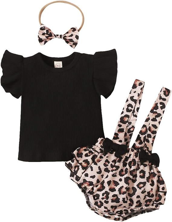 Summer Newborn Baby Girl Clothes Flare Sleeve T-Shirt Tees+Suspender Ruffles Shorts Outfit Set+Headband