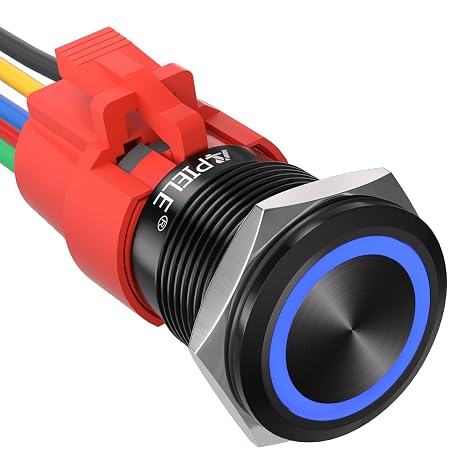 APIELE 19mm Latching Push Button Switch 12V DC Angel Eye Halo Ring LED Metal 0.74" 1NO1NC SPDT with Wire Socket Plug (Blue LED/Black Shell)