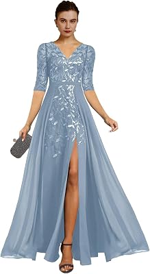 V Neck Mother of The Bride Dresses for Wedding A Line Sparkly Long Formal Evening Dress with Sleeves