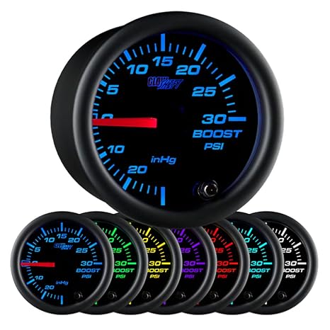 GlowShift Black 7 Color 30 PSI Turbo Boost Vac Gauge Kit, 2-1/16" 52mm