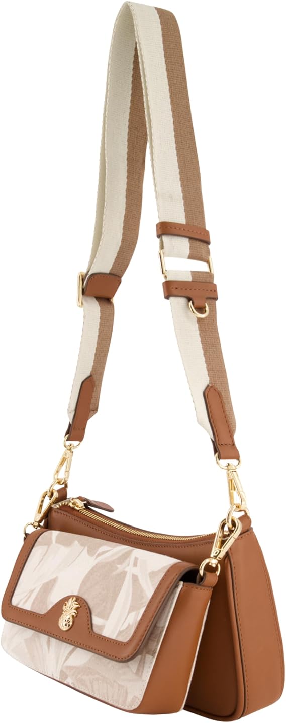 Tommy Bahama Women's Double Crossbody Bag Purse, Floral Canvas Small Shoulder Handbag with Adjustable Strap and Leather Trim, Multi