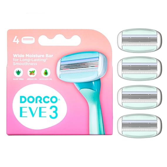 Dorco EVE 3 Razors for Women, Quick & Easy Shaving, 3 Curved Blades with Aloe Vera Moisture Bar, 4 Cartridge Refills (No Handle Included)