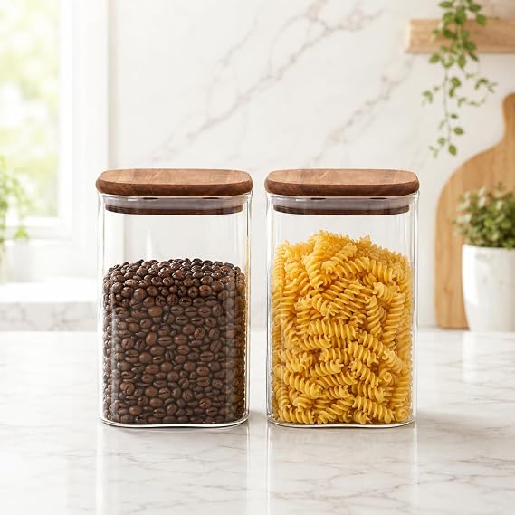 1350 ml Borosilikat Cam Kavanoz 2’li Set, Akasya Kapaklı Şeffaf Cam Saklama Kabı, Mutfak Düzenleyici Kuru Gıda Kavanozu, Bakliyat Kahve Makarna Kuruyemiş Atıştırmalık Saklama Seti