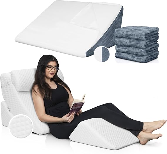 Lunix LX5 4pcs Wedge Pillow Set White + Extra White Navy Cover Adjustable Memory Foam System for Recovery, Back & Leg Support Bundle and Save 10%