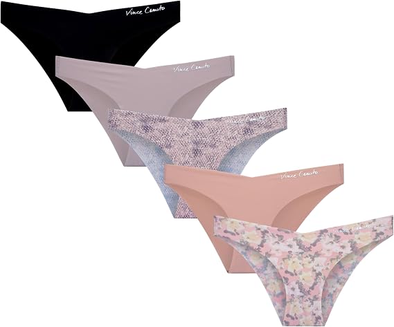 Vince Camuto Women's Bikini Underwear - 5 Pack Ultra Soft & Breathable Seamless Sexy Lingerie Panties for Women, Size Medium, Flower/Rose/Geometric/Black/Ash