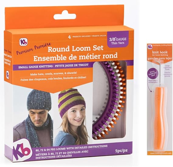 Authentic Knitting Board 'Premium' Round Knitting Looms Set Plus Knitting Loom Hook, 3/8" Small Gauge KB Looms (3 Loom Set)