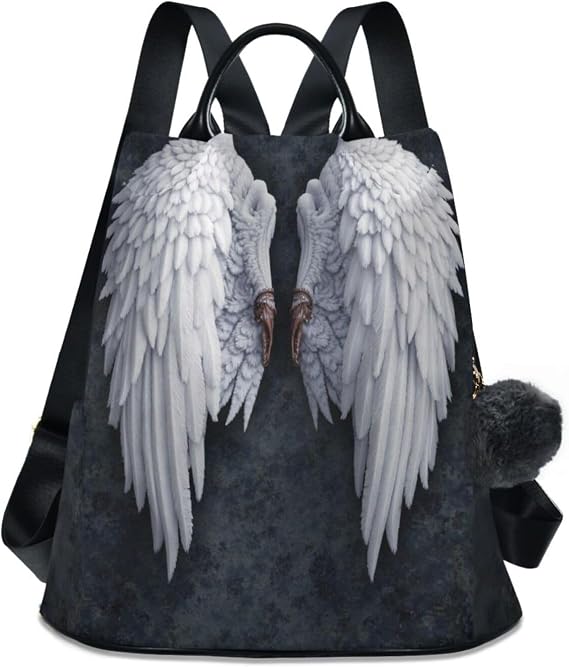 Anti Theft Backpack Angel Wings Feather Women Large Fashion Travel Shoulder Bag Purse Rucksack Lightweight