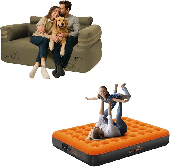 Luxchoice Inflatable Loveseat & Air Mattress, Built-in USB Rechargeable Pump, Portable Camping Bed and Air Sofa for Outdoor, Guest, Home, Beach, Festival, Party