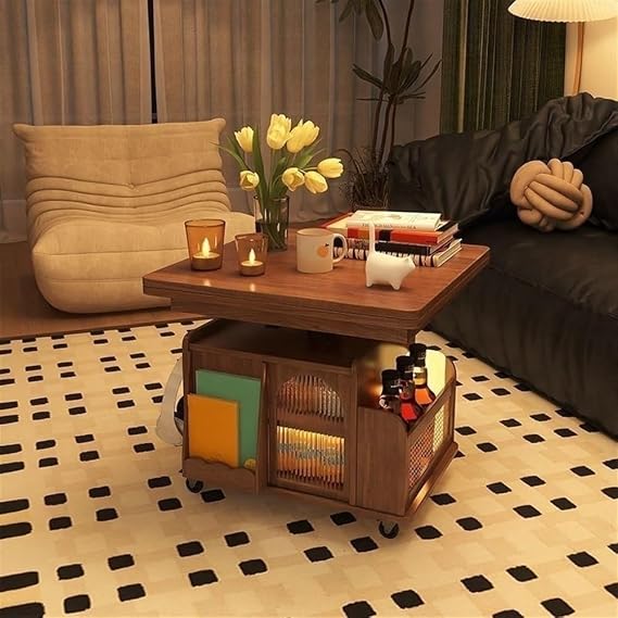 Tea Table, Lift Top Coffee Table Movable Side Table End Table with Wheels Small Side Table End Table with Storage Modern Coffee Table for Living Room Bedroom(Brown)