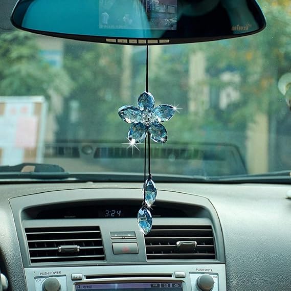 Crystal Flower Car Rear View Mirror Pendant - Blue Car Hanging Ornament Lucky Accessory