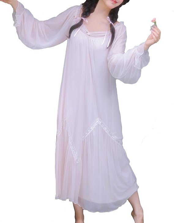 Women's Vintage Victorian Nightgown Long Sleeve Nightdress Cotton Sleep Dress