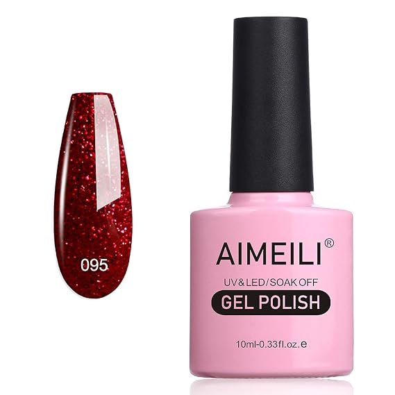 AIMEILI Soak Off U V LED Hema Free Red Glitter Gel Nail Polish Cruelty Free Vegan Gel Polish - Heart Break Red (095) 10ml