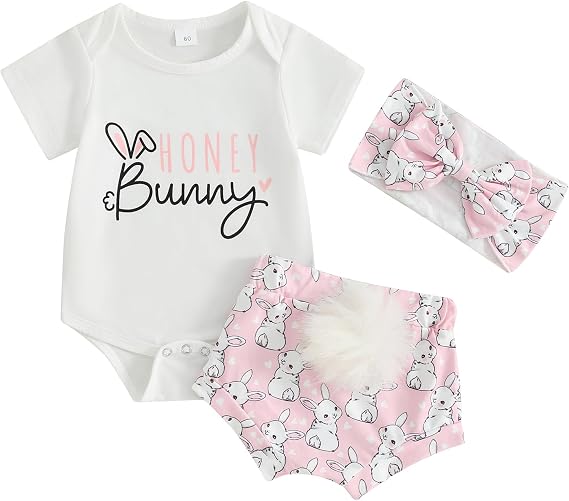 Baby Girl Easter Bunny Onesie + Shorts Bloomers + Bow 3Pcs