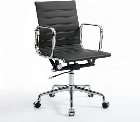 Okeysen Genuine Leather Office Desk Chair, Modern Real Leather Conference Room Chairs, Executive Ribbed Desk Chair for Home Office, Ergonomic Rolling Chairs with Aluminum Arms and Base.