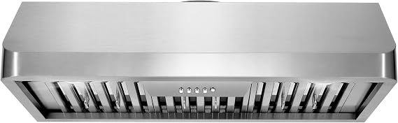 36 in. Haven Coll 500 CFM Ducted Under Cabinet Range Hood, LED, Stainless | Cosmo COS-QB90 Push Button Controls, Dual Motor, Permanent Dishwasher-Safe Baffle Filters, 3 Fan Speeds