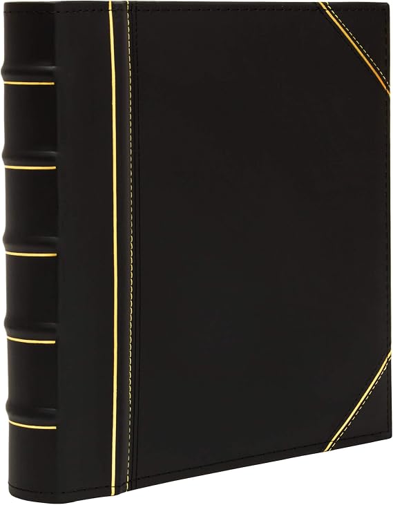 Executive Binder, English Leather, Hand Stitching and Ribbed Spine, Heavy Duty 1" Inch 3 D-Ring with Buster, Black and Gold (1" inch)