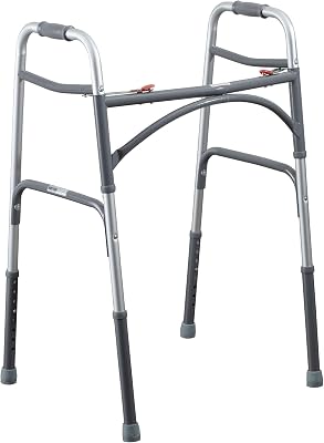 Bariatric Two Button Folding Walker Without Wheels - Silver Adult Walker for Seniors - Lightweight with Aluminum Frame and Adjustable Height - 600 lbs Weight Capacity
