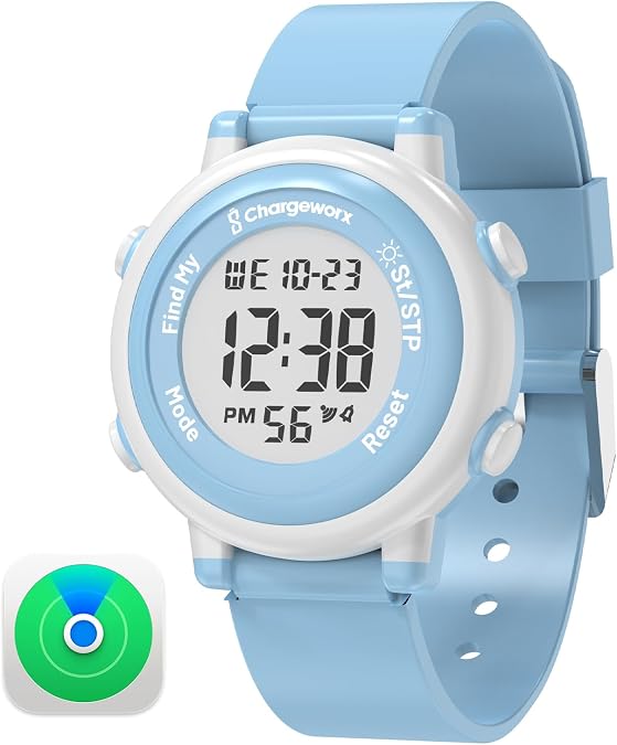 CHARGEWORX Kids Digital Watch with Apple Find My Tracker, Water Resistant Sports Watch for Boys & Girls, 8 Color Backlight, Alarm, Stopwatch, Soft Silicone Band, Gift for Kids & Toddlers