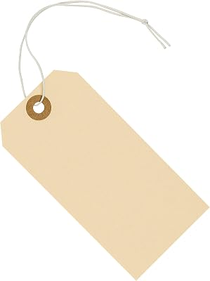 Tags with Elastic String Attached - #5, 4 34 x 2 38 Box of 100 Manila Paper Label Tags with Elastic Loop and Reinforced Hole
