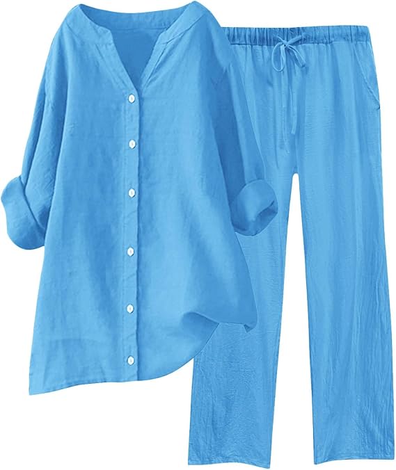 Lounge Sets for Women Comfy Plus Size Loungewear Set 3/4 Sleeve Henley Neck Top and Wide Leg Pants 2 Piece Outfits