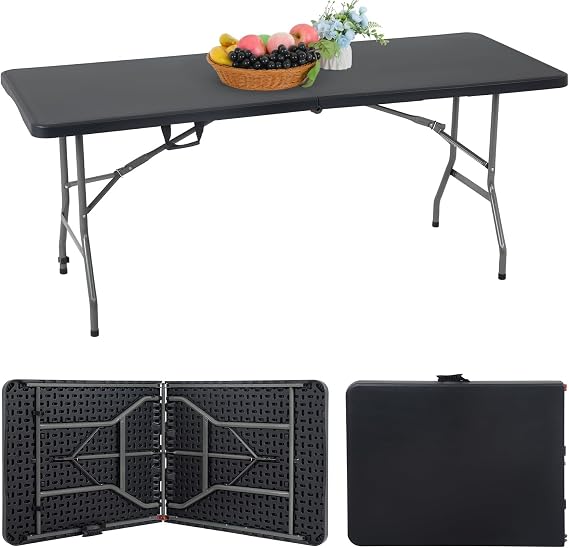 6 Feet Folding Table,Heavy Duty Portable Folding Table with Built in Handle&Steel Legs,Perfect for Indoor,Outdoor,Party, Dining,BBQ,Wedding,Picnic Camping,Utility,Temporary(Black)