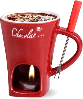 Mini Sweet Fondue Cup, Ceramic Coffee Warmer Mug, Portable Chocolate Melting Cup with Fork for Cheese, Great for AdultKids for CampingDateMovie NightBirthdayWedding Gifts Red