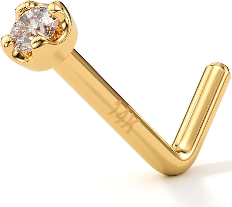 Body Candy 14k Solid Gold Moissanite Nose Ring Stud Real Gold Nose Stud with Sparkly 2mm Moissanite, Hypoallergenic L-Shape Nostril Piercing Jewelry