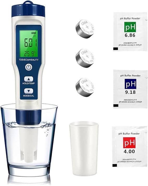 5 in 1 Water Tester Water Quality Tester Digital pH Meter PH EC TDS Salinity Temp Pen Meter Precise LCD Digital Multifunctional Water Quality Monitor Test for Aquarium Hydroponics