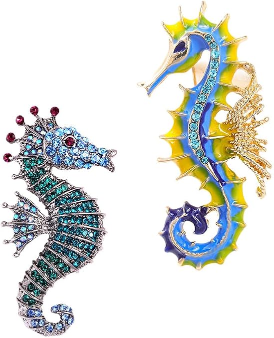 2Pcs Elegant Shiny Rhinestone Seahorse Brooch Retro Sparkling Sea Animal Casual Brooch Pins for Fashion Clothing Accessories