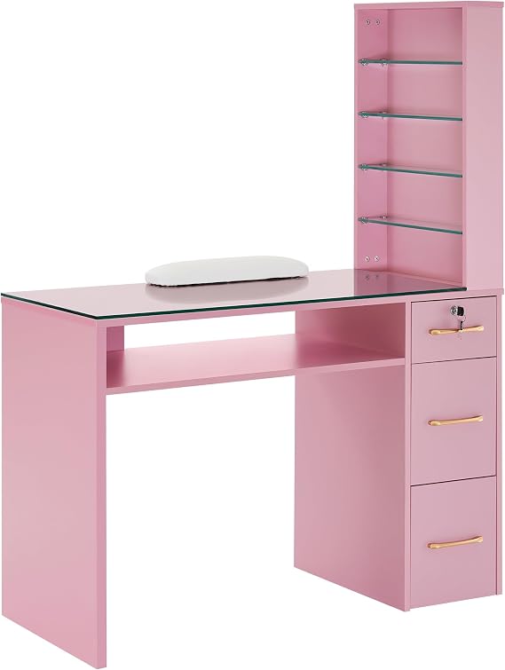BarberPub Storage Nail Desk with Lockable Drawer, Glass Top & Shelves 2673