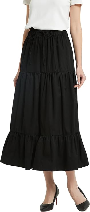 Tronjori Womens A Line Long Midi Denim Skirt Tired Layers with Drawstring | High Waist Skirt ,Elastic Waistband,Front DrawstringSuitable for Spring Summer and Fall Seasons