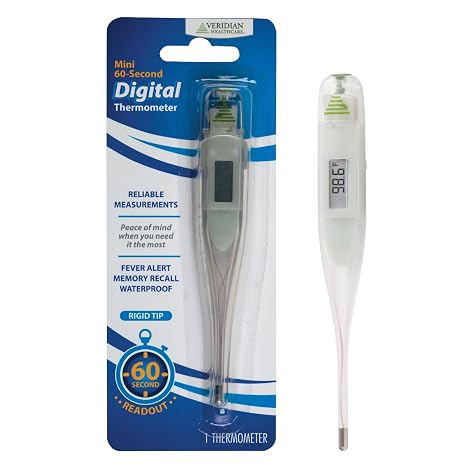 Veridian Healthcare Digital Thermometer | 60-Second Readout | Fahrenheit Measurements | Rigid Tip | Fever Alert | | Waterproof Rigid Tip for Oral, Rectal & Underarm Use, Fever Alert at 100.0F, Memory Recall, Storage Case