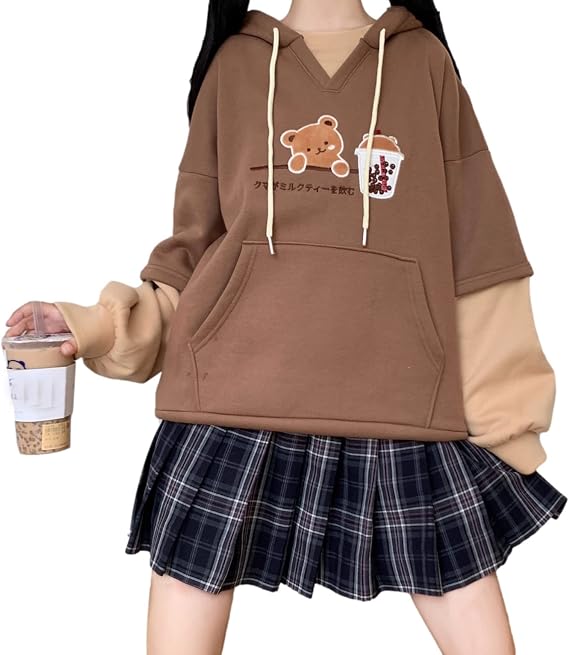 Kawaii Bear Graphic Hoodie for Juniors Winter Clothes