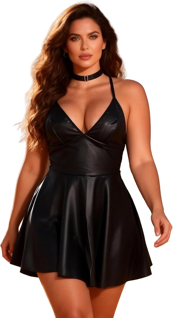 ohmydear Women's Sexy PU Leather Mini Dress V Neck Backless Clubwear