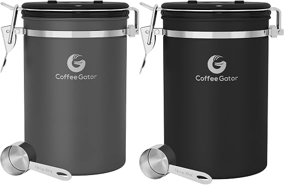 Coffee Gator Coffee Canister, 22oz Airtight Stainless Steel Gray+ Black