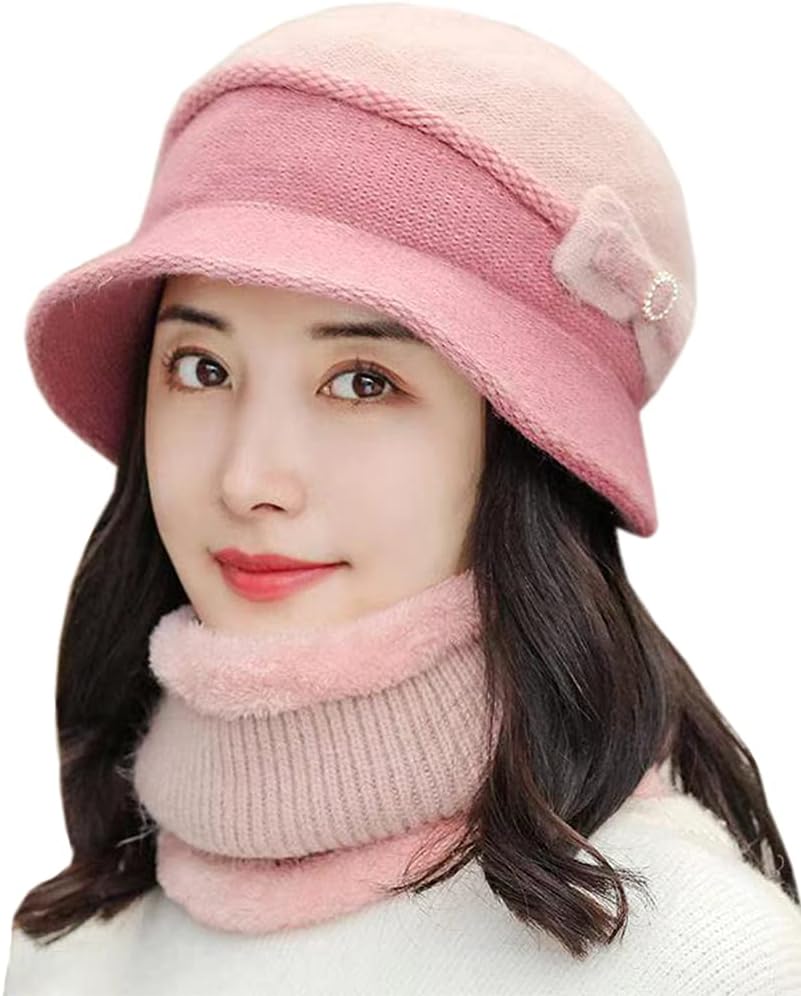 Womens Warm Knitted Wool Hat and Scarf Set - Outdoor Cold Proof Winter Accessory