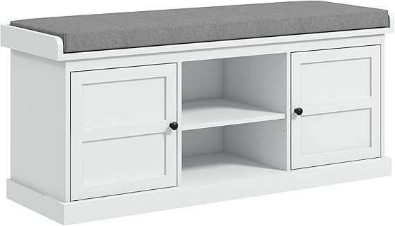 HOMCOM Shoe Bench with Cushion Storage Bench for Entryway White | Padded Seat, 2 Cabinets, Adjustable Shelf, for Hallway Living Room Bedroom
