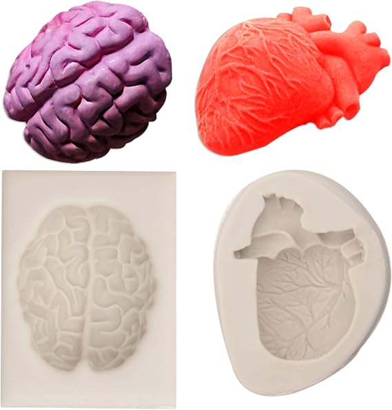 3D Brain & Heart Silicone Fondant Molds for Halloween Cake | Set of 2 Molds, Anatomical Design, Chocolate & Candy Use, Soap Making, Detailed 3D Shape