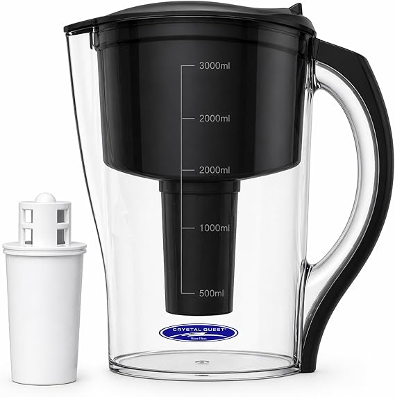 Crystal Quest Water Filter Pitcher - 12-Cup Capacity, Includes 1 Long-Life Filter, BPA Free, Meets NSF Standard 42 - Filters up to 2,000 Gallons Smart +Fluoride Removal/Black