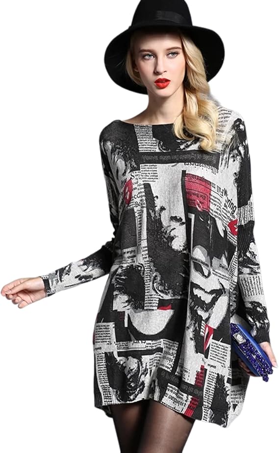 Women Sweater Oversized Newspaper Printing Pullover Sweaters-Crewneck Casual Long Sleeve Knit Top