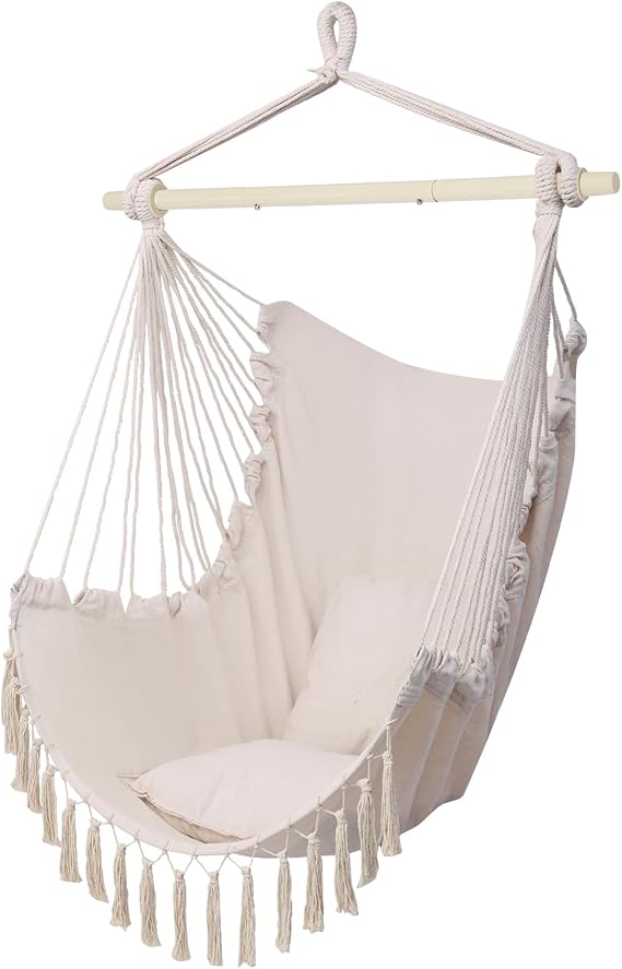 ONCLOUD Hammock Hanging Chair with Two Cushions Portable Caribbean-Style Outdoor/Indoor Hanging Seat with Cushions, 500lb Capacity, Beige