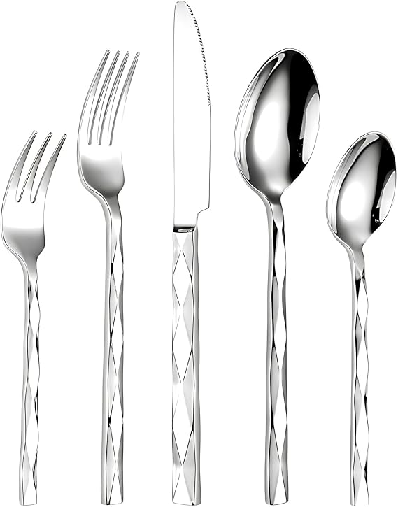 20 Piece Silverware Set, Stainless Steel Flatware Sets for 4, Mirror Polished Modern Design Cutlery Utensil Sets Include Dinner Knives Spoons and Forks for Home, Restaurant (Silvery-Diamond)