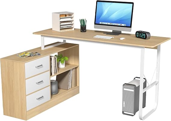 L Shaped Desk,L-Shaped Computer Desk Workstation Executive Desk with 3 Drawers & 2 Shelves,Large Executive Office Desk Industrial Business Furniture Workstation for Home Office 140cm