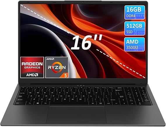 KurieTim 16" IPS FHD Laptop Computer, AMD Ryzen 5 3500U, 16GB RAM 512GB SSD