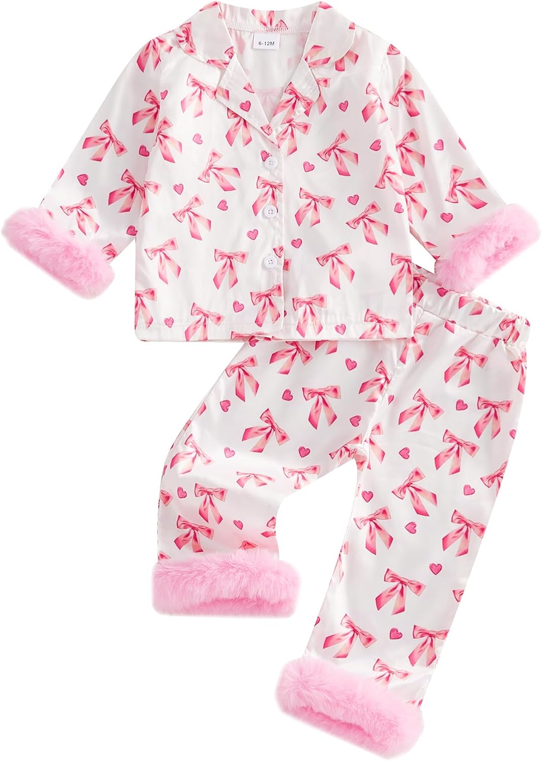 Kavousa Toddler Girl Valentines Satin Pajamas Heart&Bow Print Button Down Shirt + Pants Little Kids Baby Girls Silk Pajama